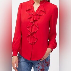 Chico’s Red Ruffle Front Button Down Secretary Blouse with Gold Metallic Trim